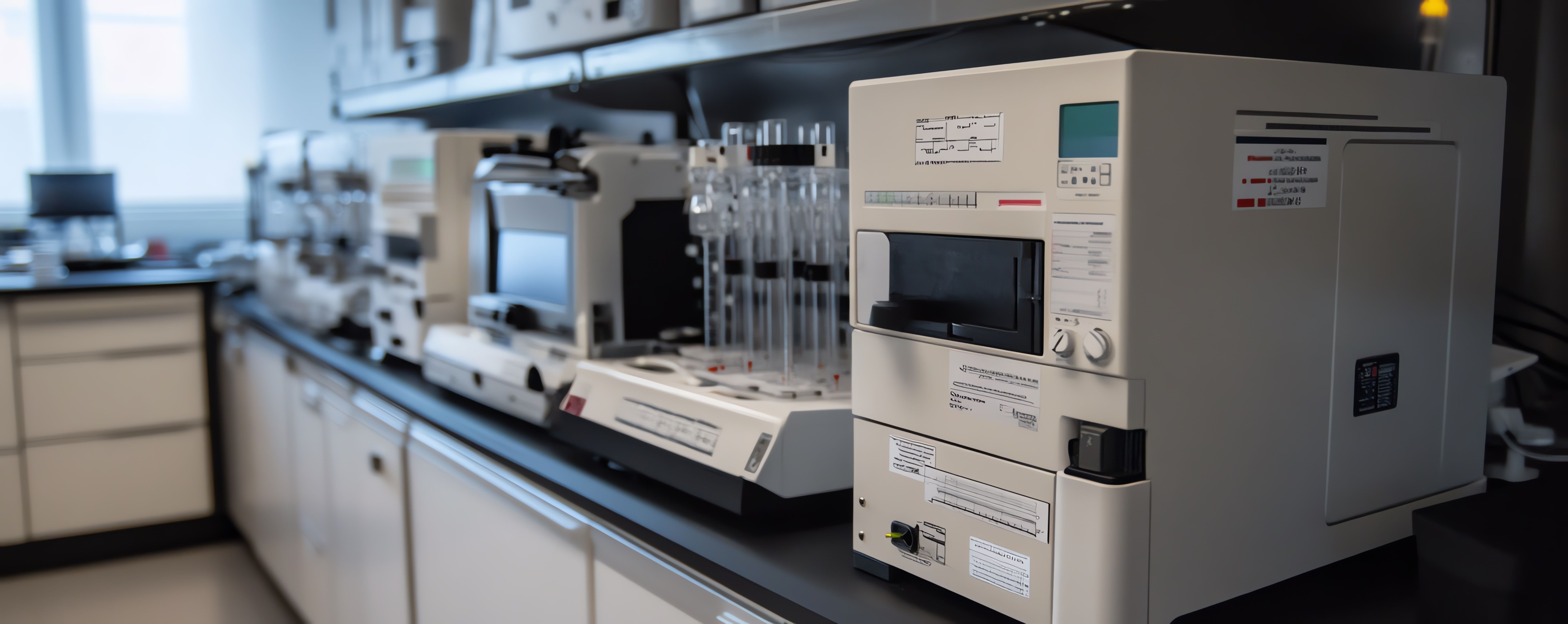 Modern laboratory equipment on a clean bench, featuring advanced analytical devices for scientific research and experimentation. Generated by AI. | Image Credit: © K-Signature - stock.adobe.com.