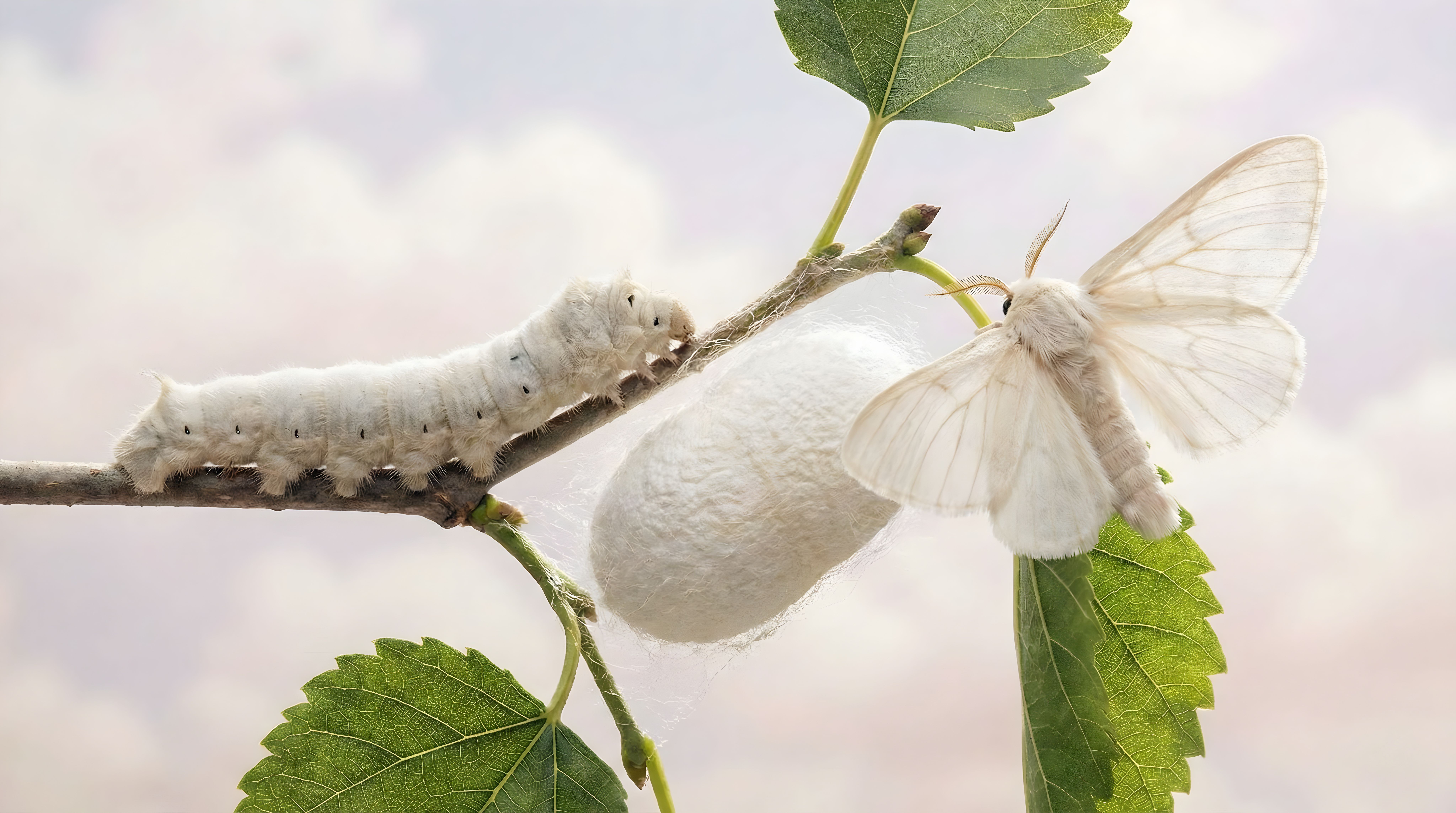 Life cycle of silkworm showing caterpillar cocoon and adult moth on green branch. Generated with AI. | Image Credit: © NataloChka - stock.adobe.com