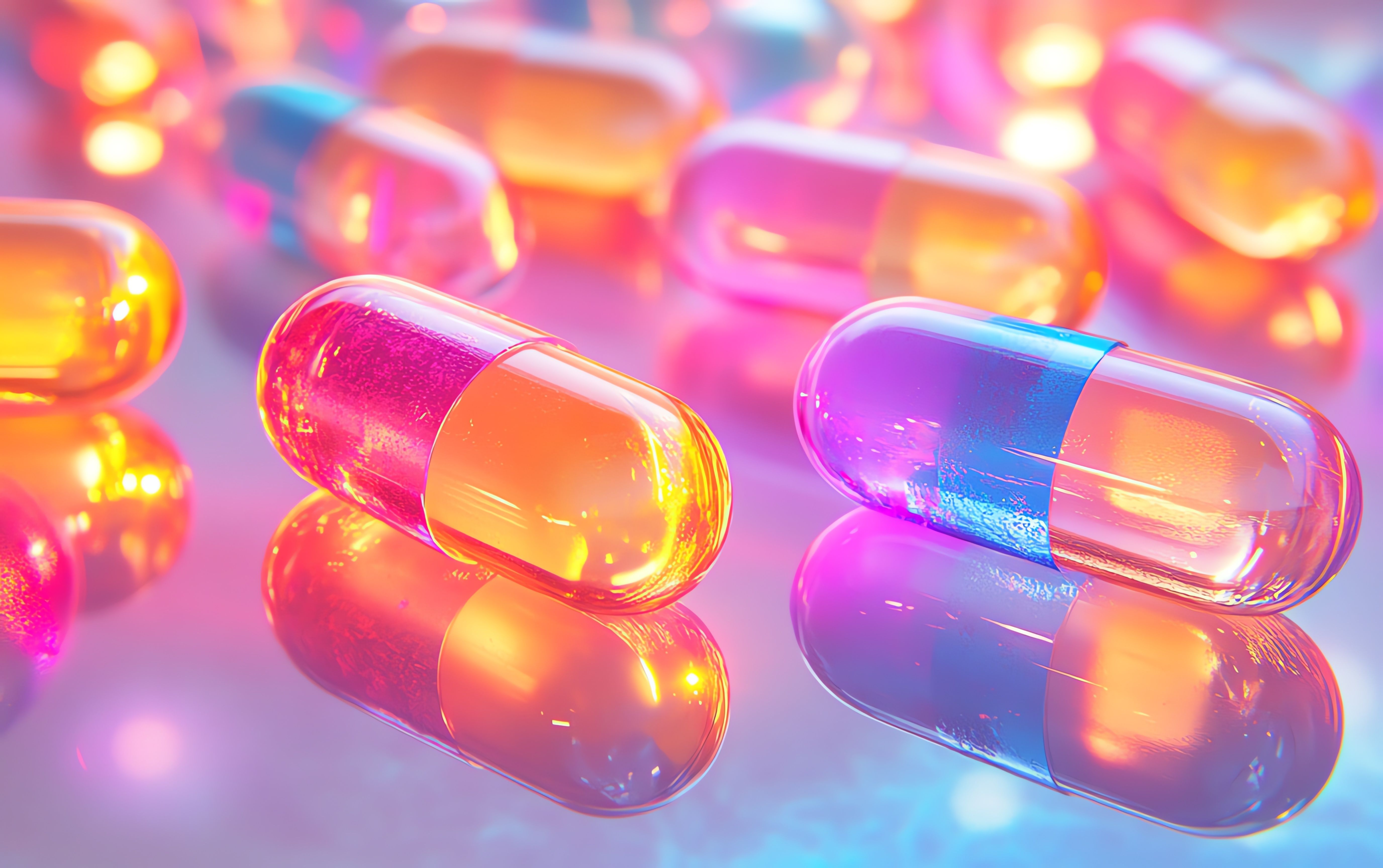 Detailed image of modern pills and drugs on a reflective glass surface, brightly colored capsules, translucent gel pills, vibrant pharmaceutical design. Generated by AI. | Image Credit: © Itsaree - stock.adobe.com