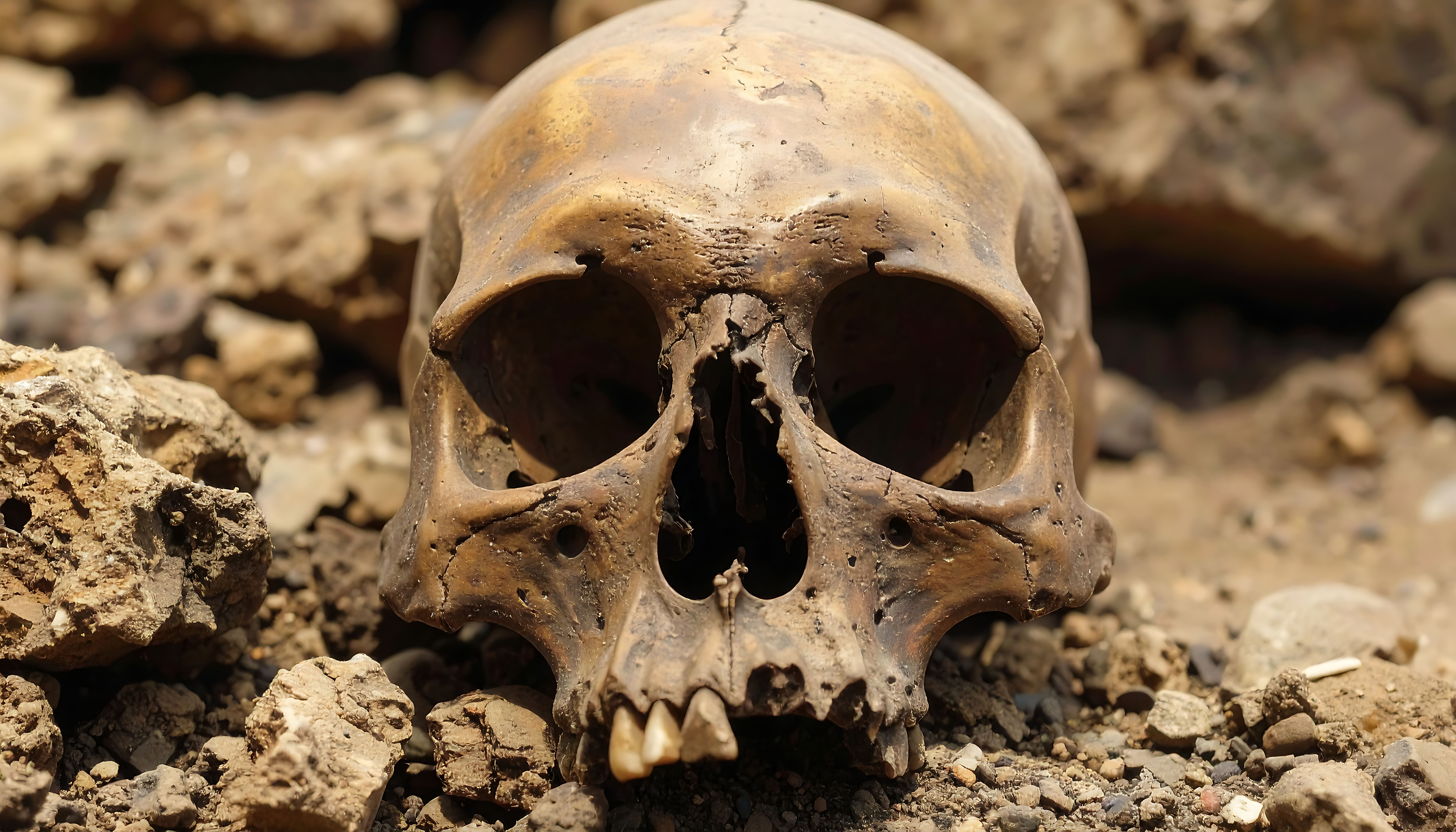 A close-up shot captures a human skull resting amidst rough terrain, hinting at an archaeological site or a forgotten past. The weathered bones evoke themes of mortality and the passage of time. Generated with AI. | Image Credit: © Billy - stock.adobe.com.