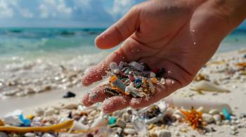Hand with microplastics on a beach. Generated with AI. | Image Credit: © Marc - stock.adobe.com