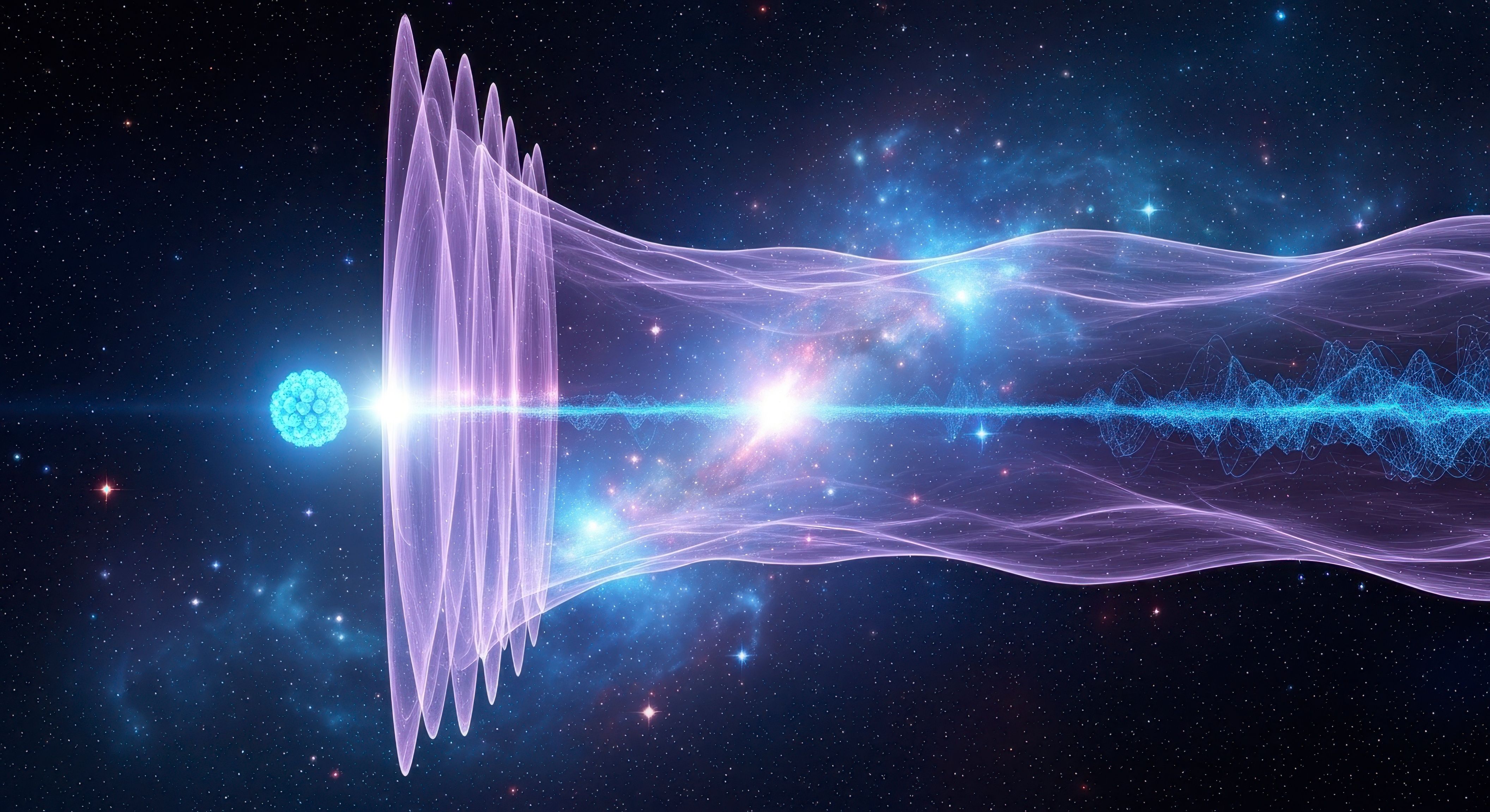 A digital visualization of a particle wave in space, illustrating quantum mechanics or wave-particle duality with energy waves and cosmic background. Generated with AI. | Image Credit: © soysuwan123 - stock.adobe.com