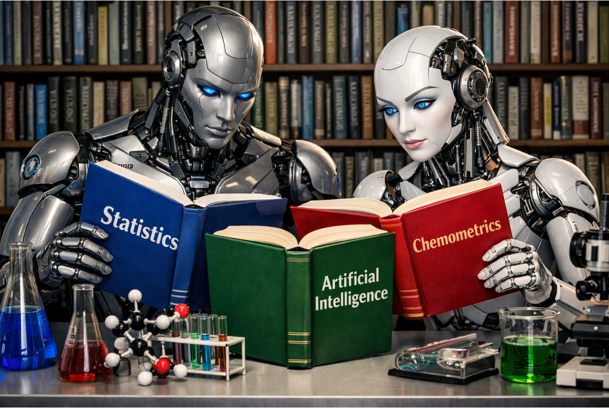 A pair of AI robots (male and female) curiously reading a book on statistics, a book on chemometrics, and a book on artificial intelligence (AI Generated).