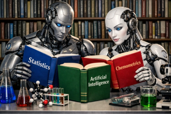 A pair of AI robots (male and female) curiously reading a book on statistics, a book on chemometrics, and a book on artificial intelligence (AI Generated).