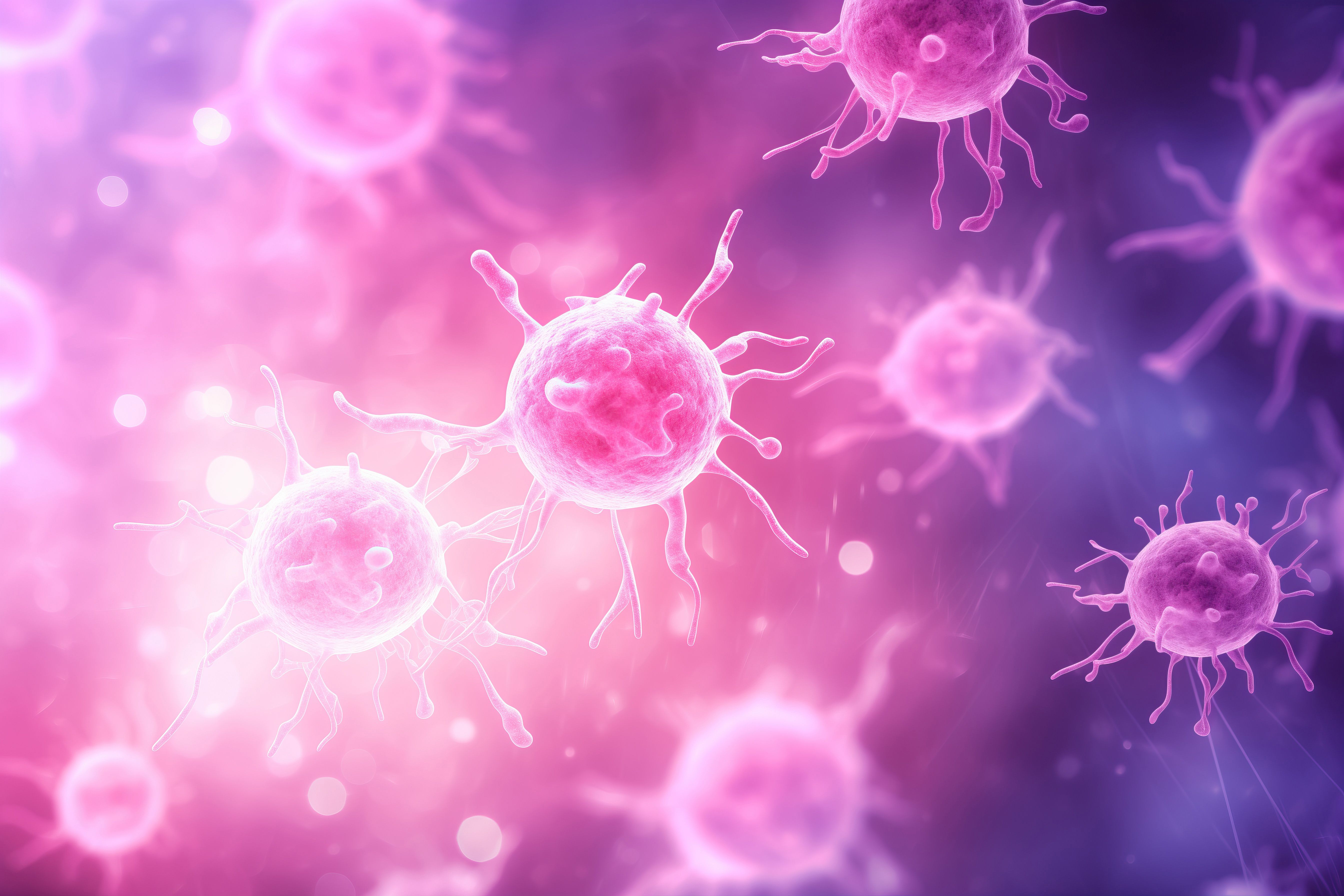 Microscopic view of organic substance, bacteria, virus or cancer cell, macro on pink purple background | Image Credit: © Renata Hamuda - stock.adobe.com.