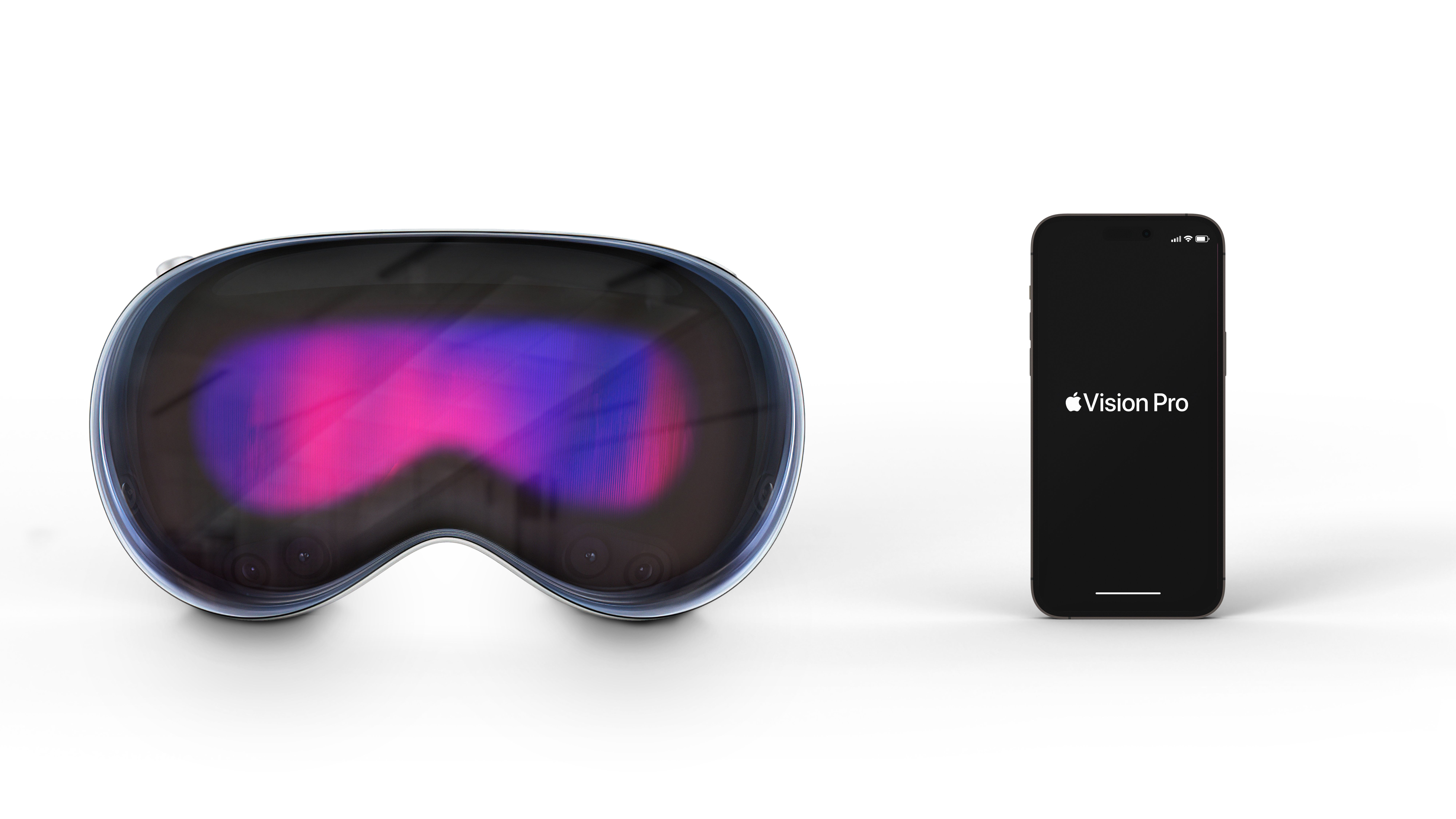 Apple Vision Pro High-tech Futuristic technology VR Glasses -Virtual reality device, 360 VR modern with a Iphone smartphone app. Isolated on white background. | Image Credit: © Diego - stock.adobe.com