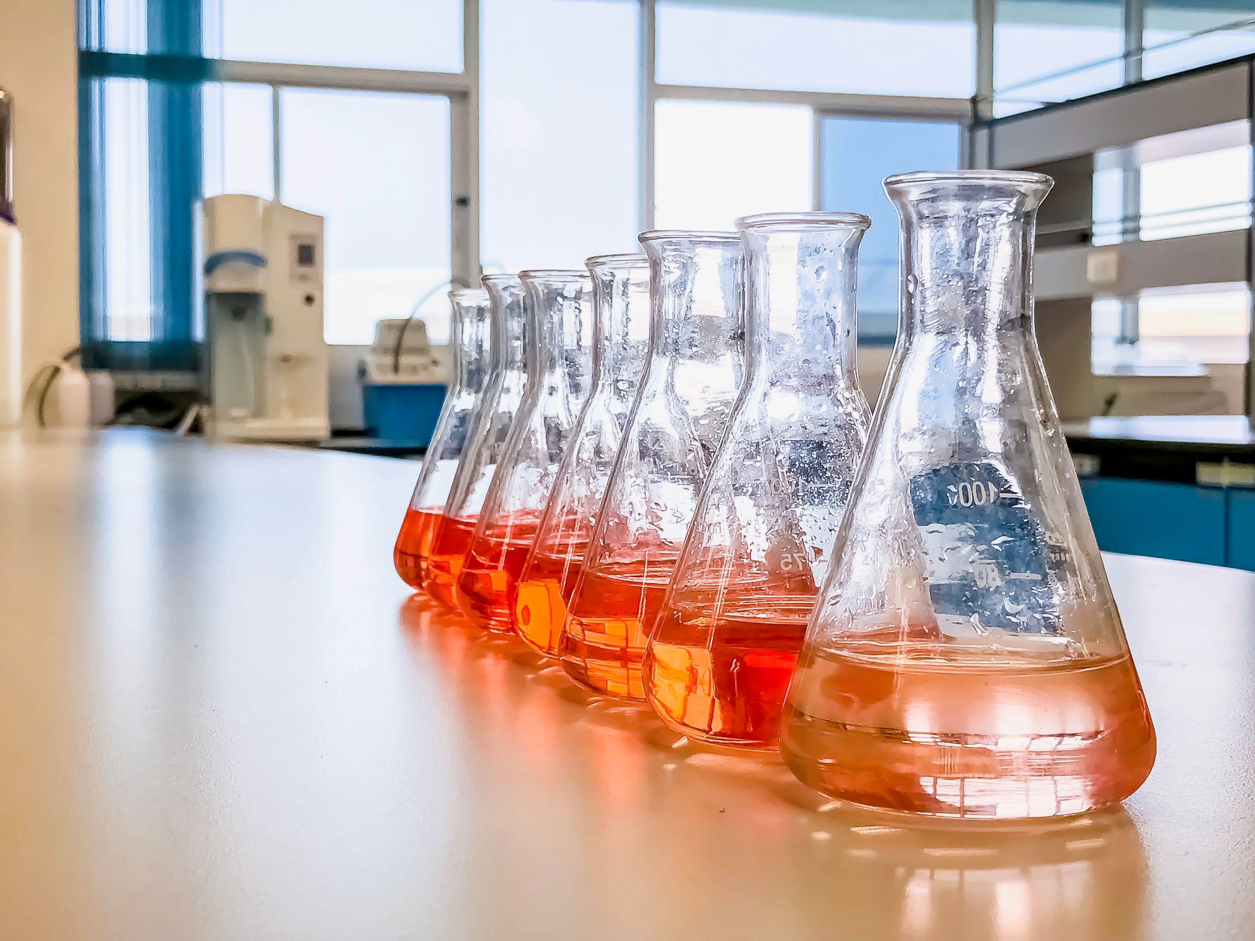 The Erlenmeyer flask in the line with color range solvent using for analysis calibration curve of iron in waste water sample. The experiment in chemistry laboratory. | Image Credit: © Arpon - stock.adobe.com