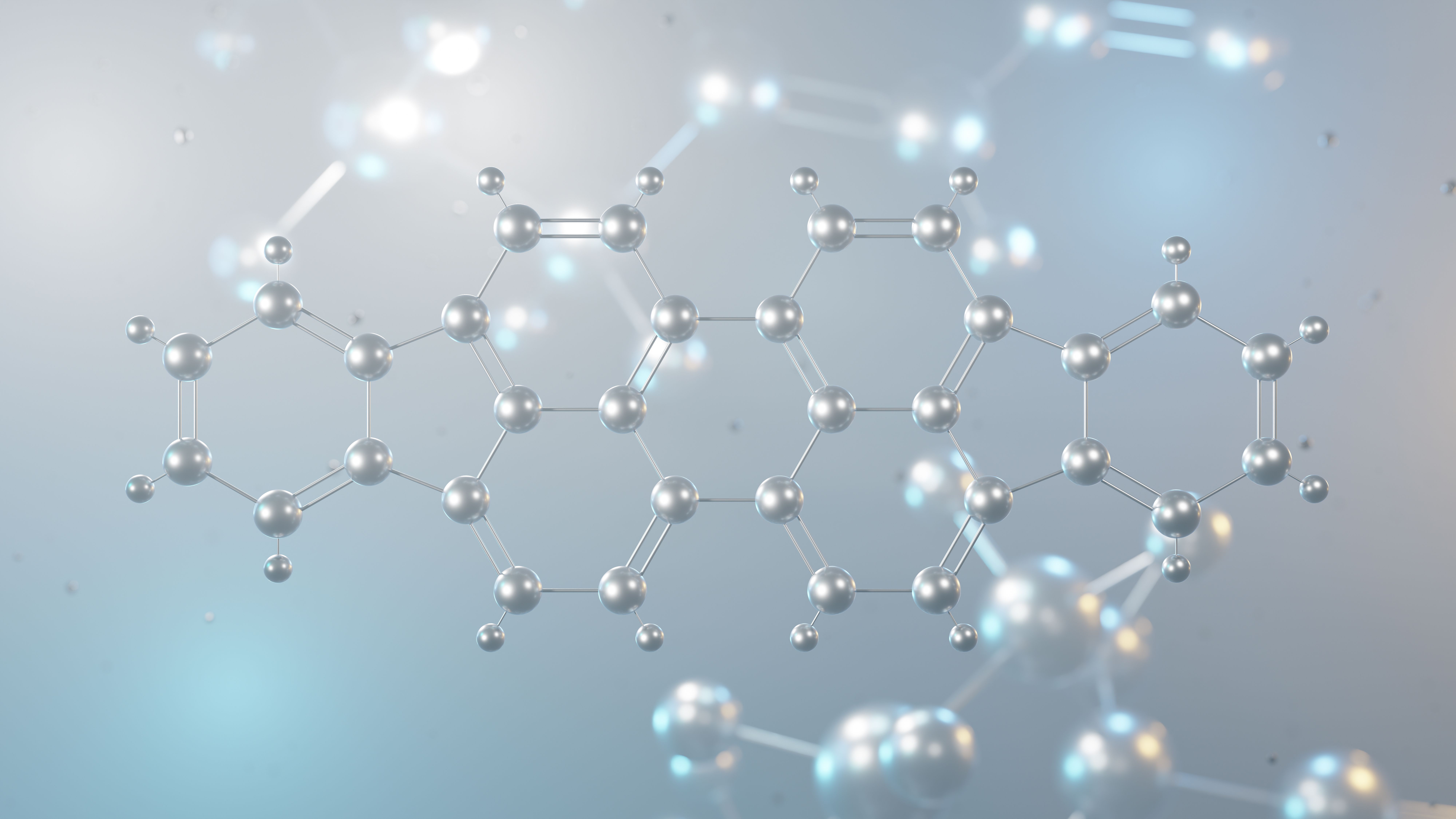 Diindenoperylene molecular structure, 3D model molecule, polycyclic aromatic hydrocarbon structural chemical formula view from a microscope | Image Credit: Сергей Шиманович - stock.adobe.com