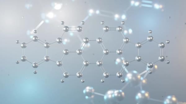 Diindenoperylene molecular structure, 3D model molecule, polycyclic aromatic hydrocarbon structural chemical formula view from a microscope | Image Credit: Сергей Шиманович - stock.adobe.com