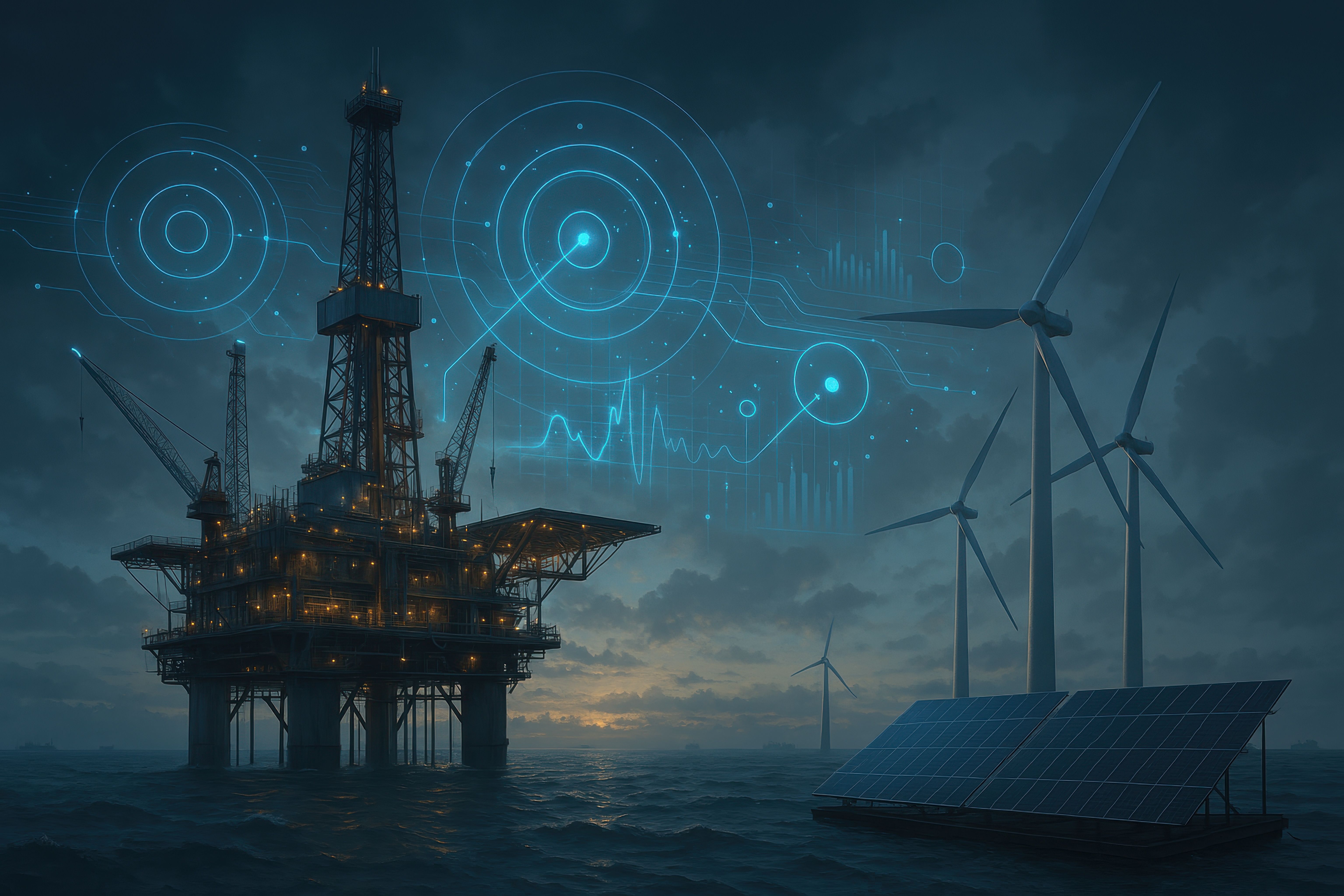 A digitally created image showcasing a modern oil rig alongside wind turbines and solar panels, highlighting a fusion of traditional and renewable energy sources. Generated by AI. | Image Credit: © val - stock.adobe.com