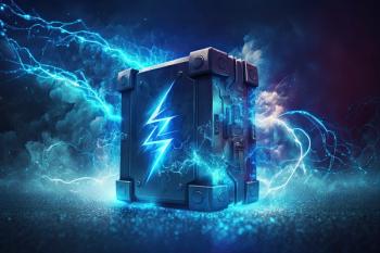 Future looking alternative energy technology concept with a digital lithium ion rechargeable battery symbol and a high voltage charging energy storage icon with bright blue neon lightning particles. Generated by AI. | Image Credit: © AkuAku - stock.adobe.com