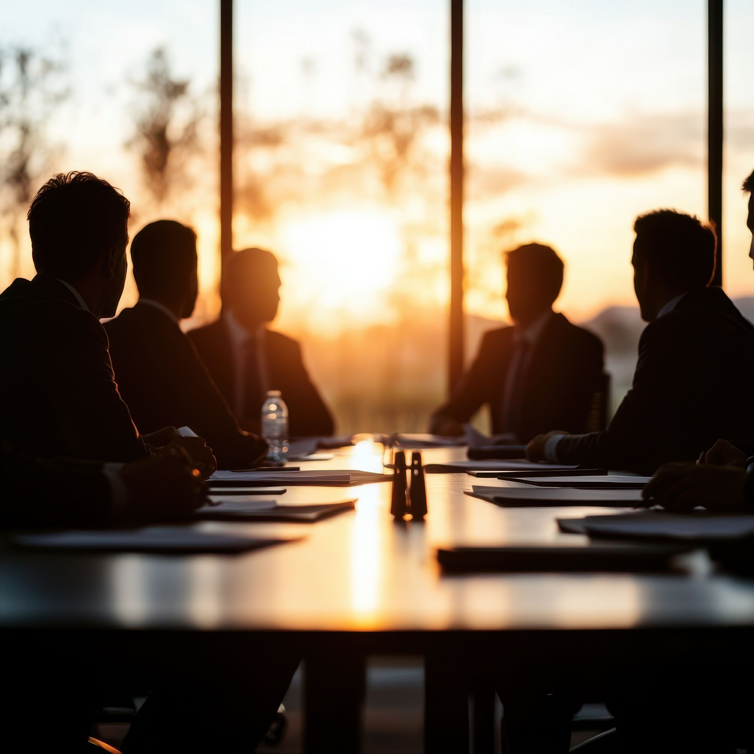 Silhouetted business meeting at sunset in a modern office setting. Generated with AI. | Image Credit: © Tonton54 - stock.adobe.com.