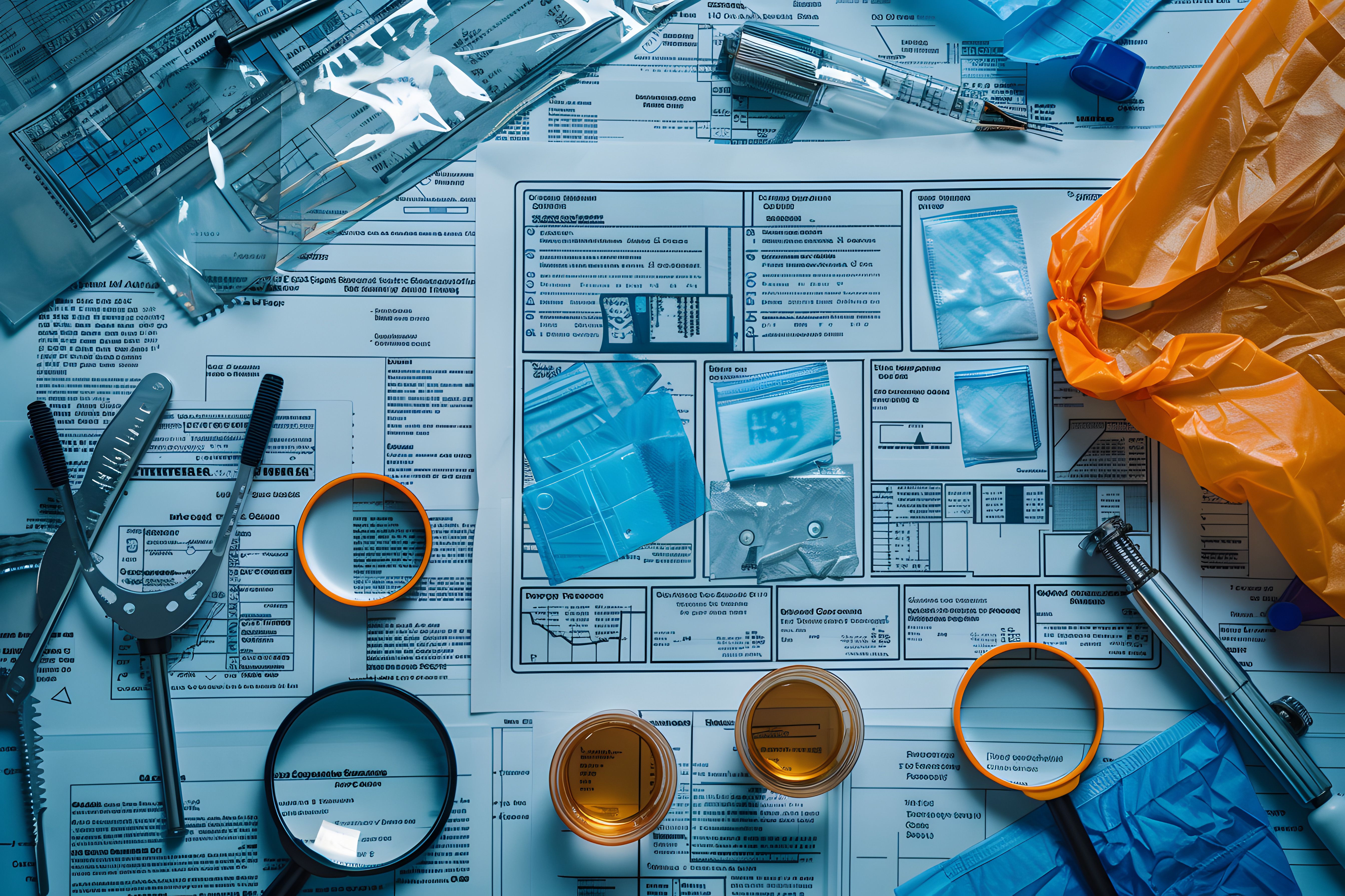 Forensic investigation tools on evidence table, crime scene equipment, magnifier, gloves, tape, forensic science supplies, criminal evidence documentation background. Generated with AI. | Image Credit: © Ram - stock.adobe.com