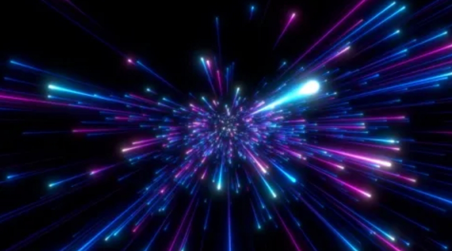 blue, purple, and pink lights zooming towards space