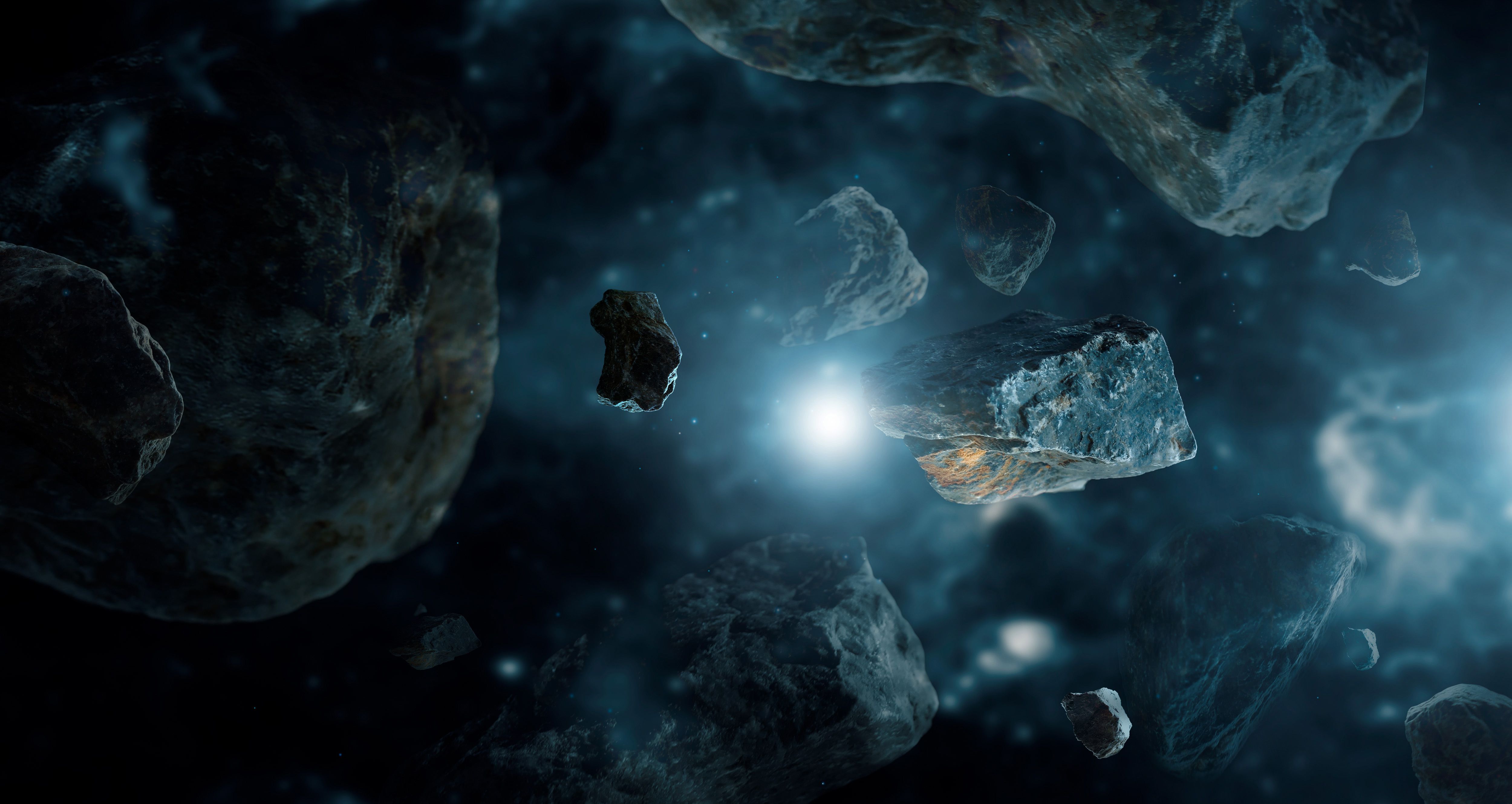 Meteorites in deep space planets. Asteroids in distant solar system. Science fiction concept.