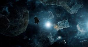 Meteorites in deep space planets. Asteroids in distant solar system. Science fiction concept.