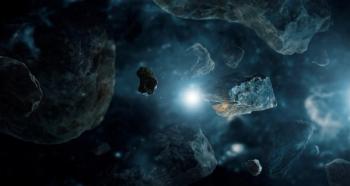 Meteorites in deep space planets. Asteroids in distant solar system. Science fiction concept.