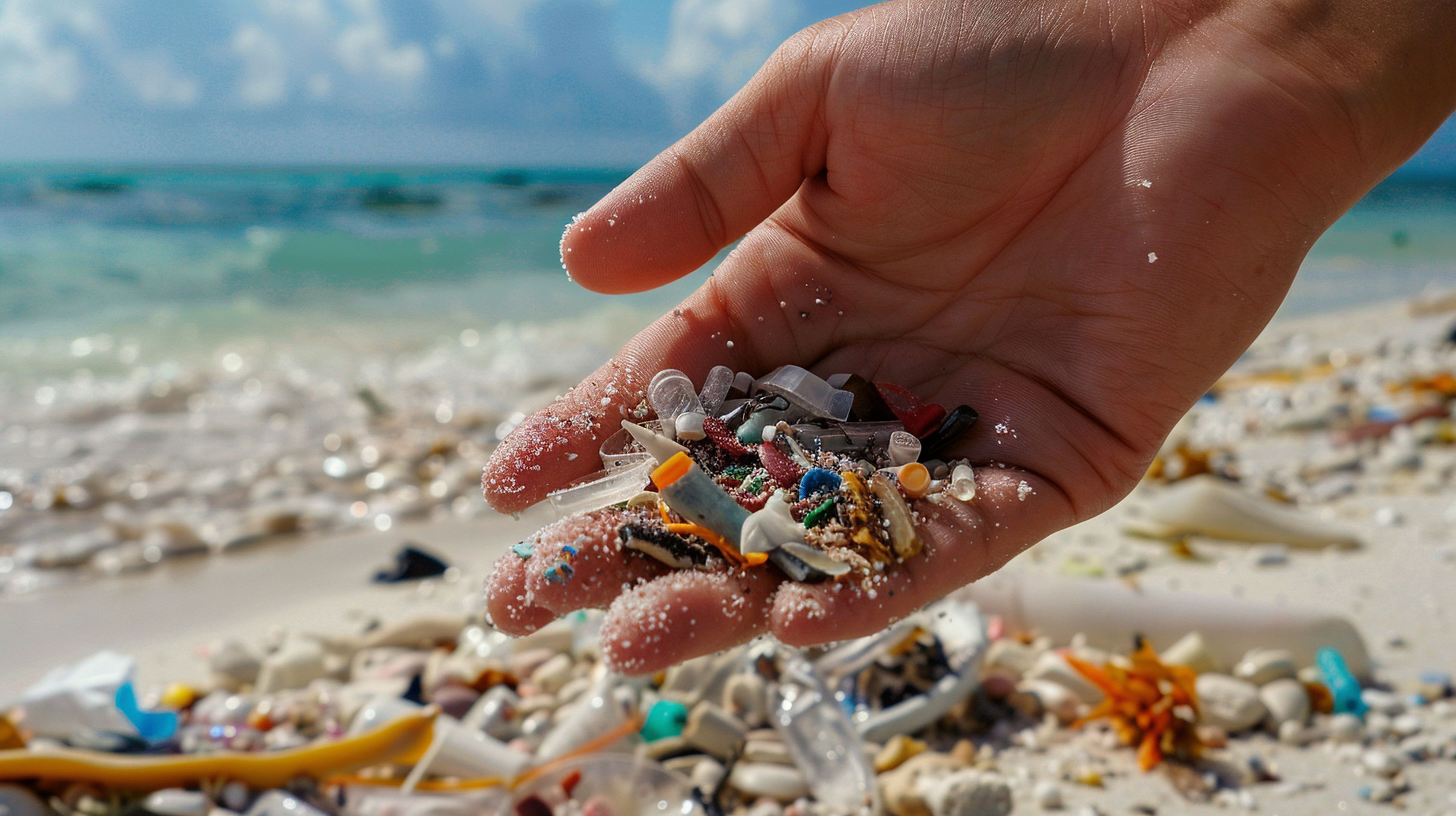 Hand with microplastics on a beach. Generated with AI. | Image Credit: © Marc - stock.adobe.com
