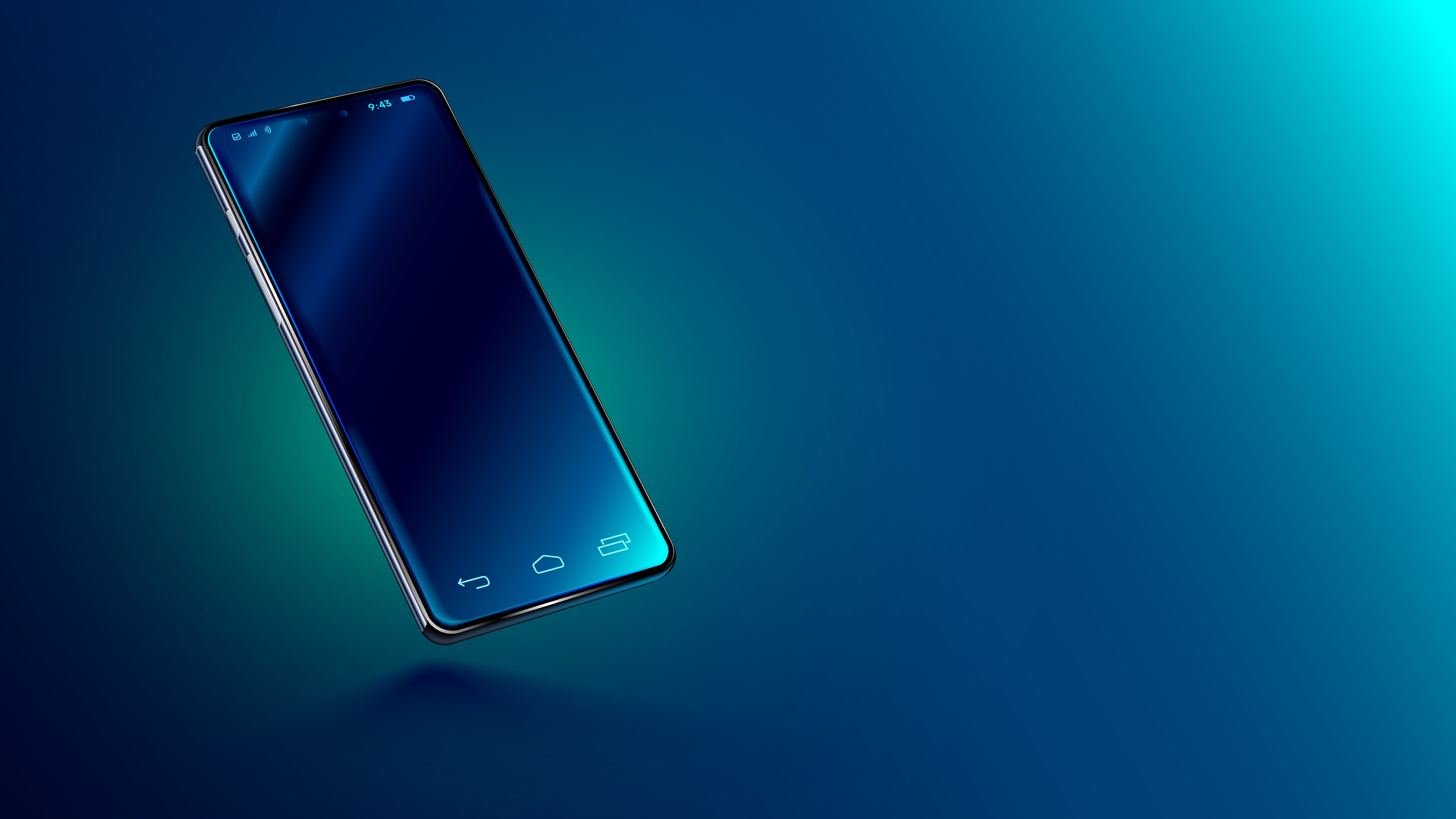 Modern glass smartphone hanging over the table with a smooth dark blue surface in perspective view with reflection. Realistic vector illustration isometric phone. Mock up or template shiny cellphone. | Image Credit: © AndSus - stock.adobe.com