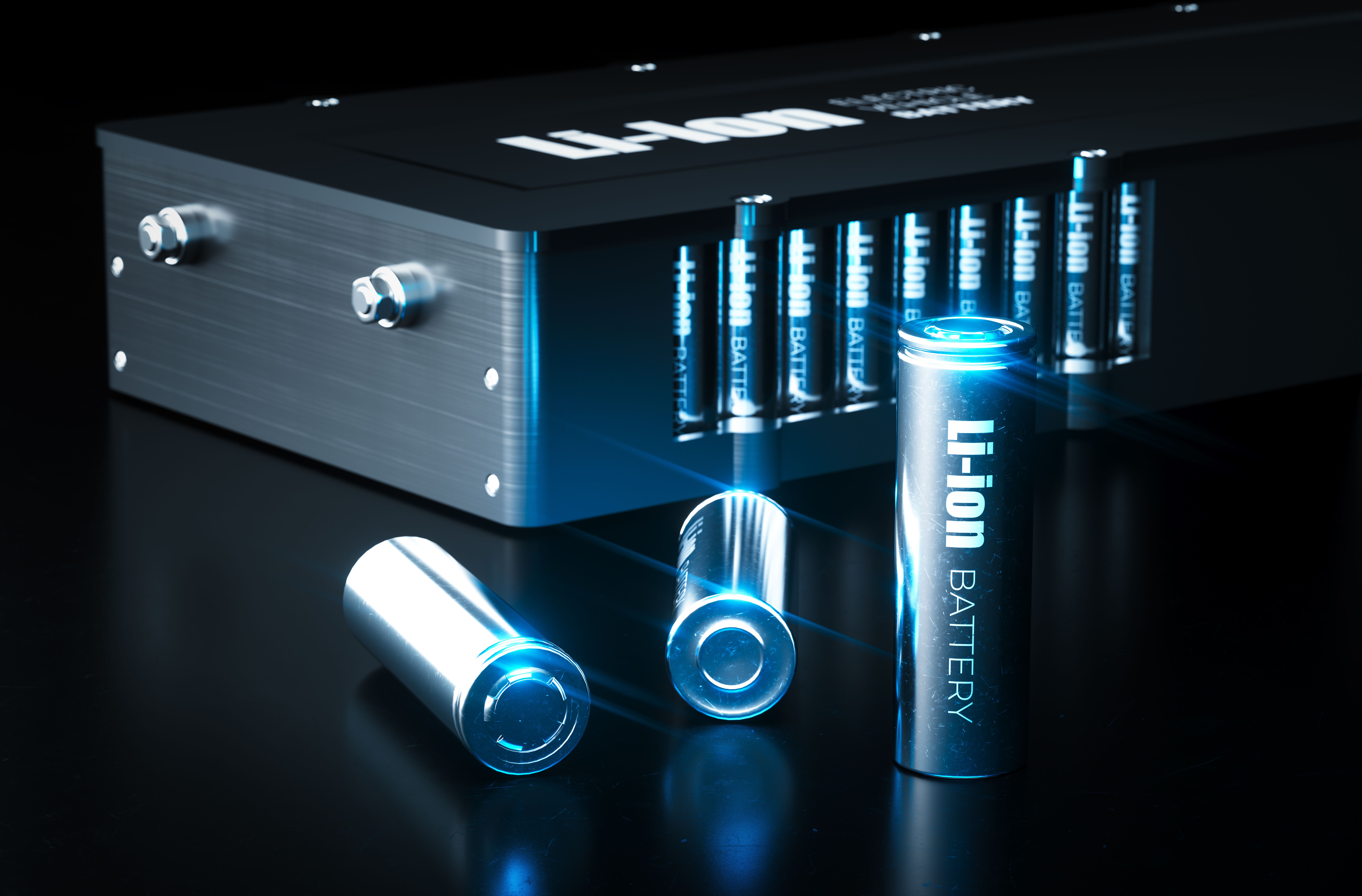 Modern lithium ion battery technology concept. Metal Li-Ion battery cells with electric vehicle battery pack on black background. 3d illustration. | Image Credit: © malp - stock.adobe.com