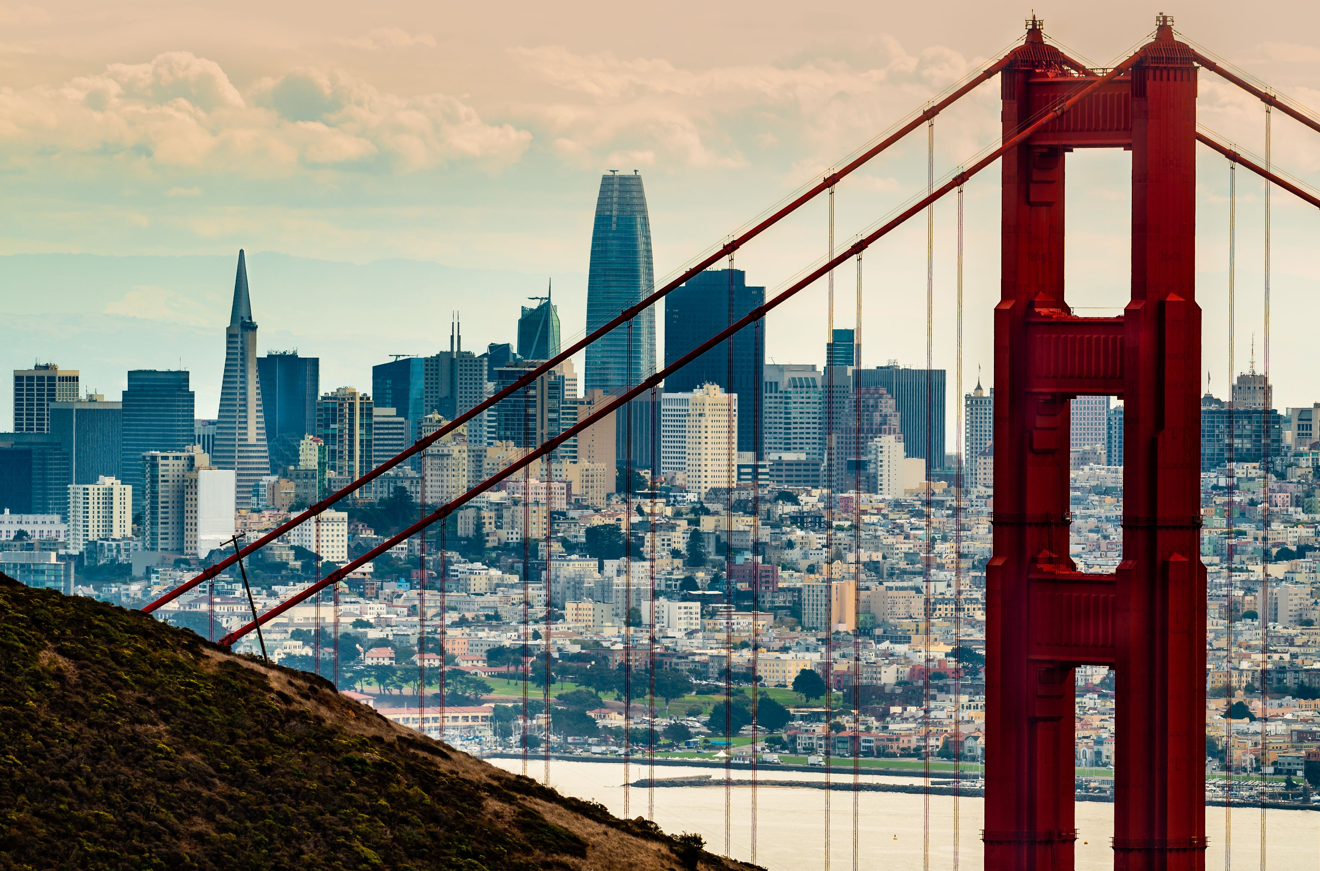 City of San Francisco Ca. Downtown business district seen through the north tower of the Golden Gate Bridge | Image Credit: © Larry D Crain - stock.adobe.com