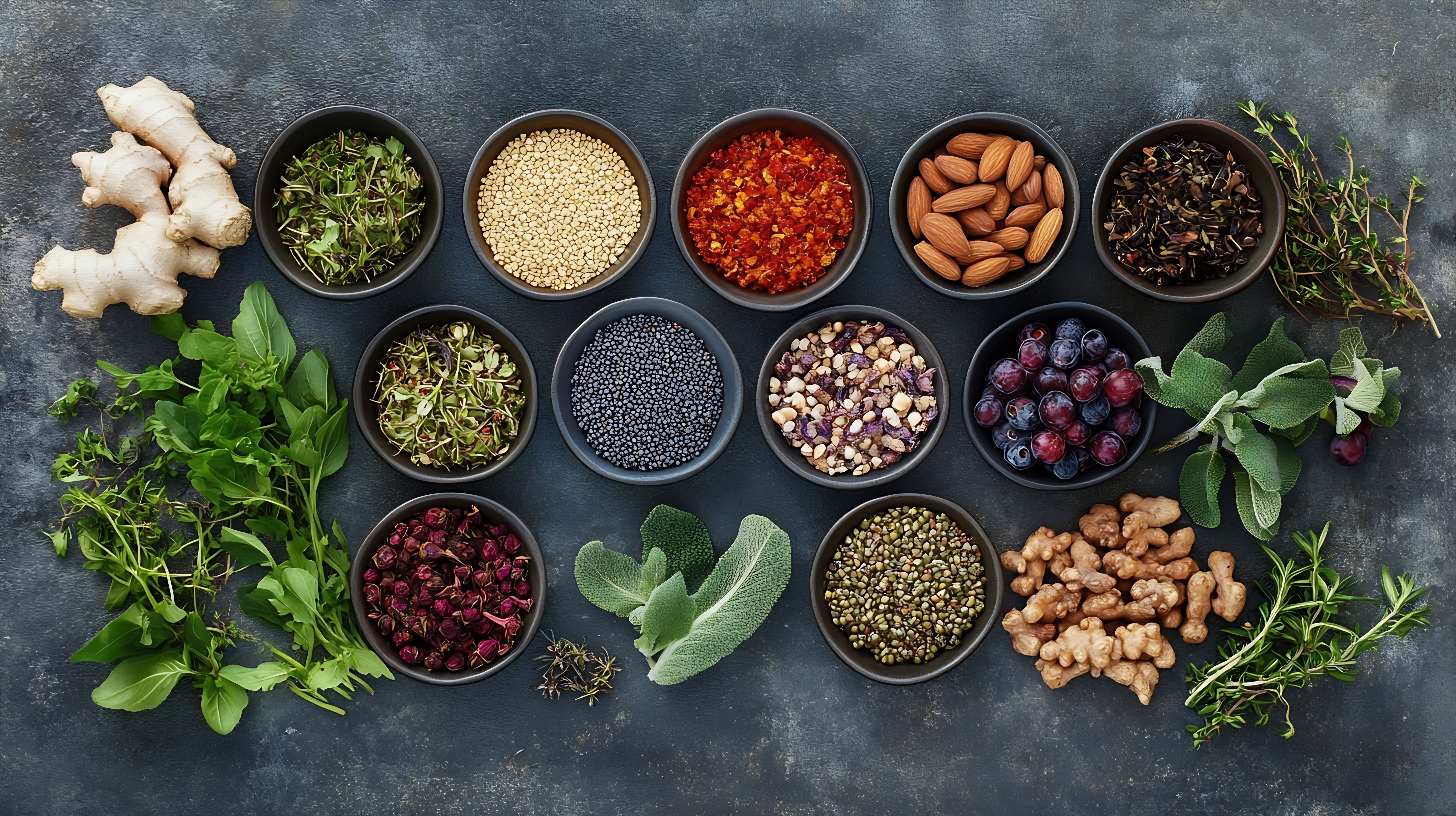 Healthy assortment of food and herbs high in antioxidants and protein. Generated by AI. Image Credit: © Generative AI - stock.adobe.com