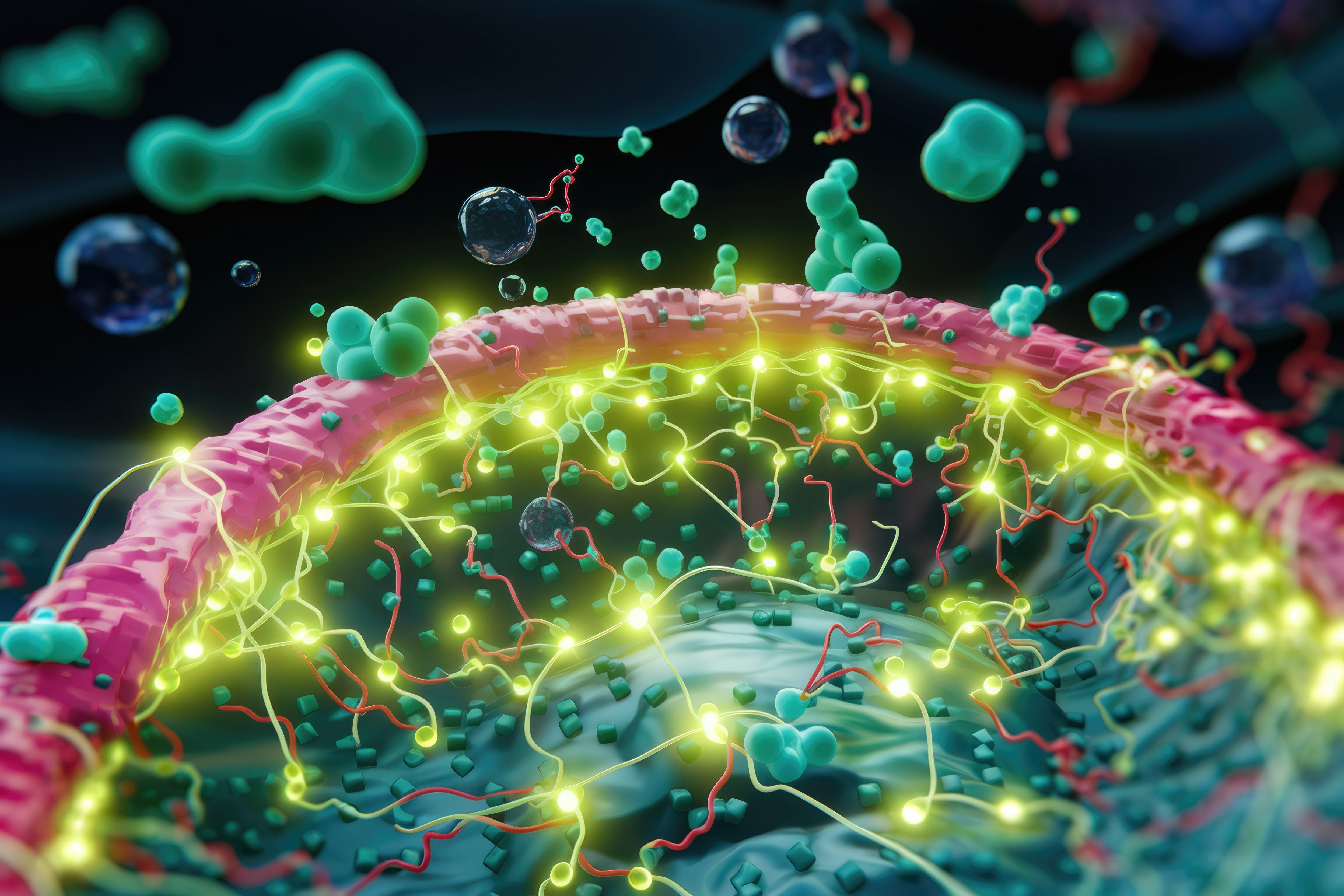 Microscopic view of a cell membrane with intricate network of proteins and signaling pathways. Generated with AI. | Image Credit: © Vibudhaart - stock.adobe.com