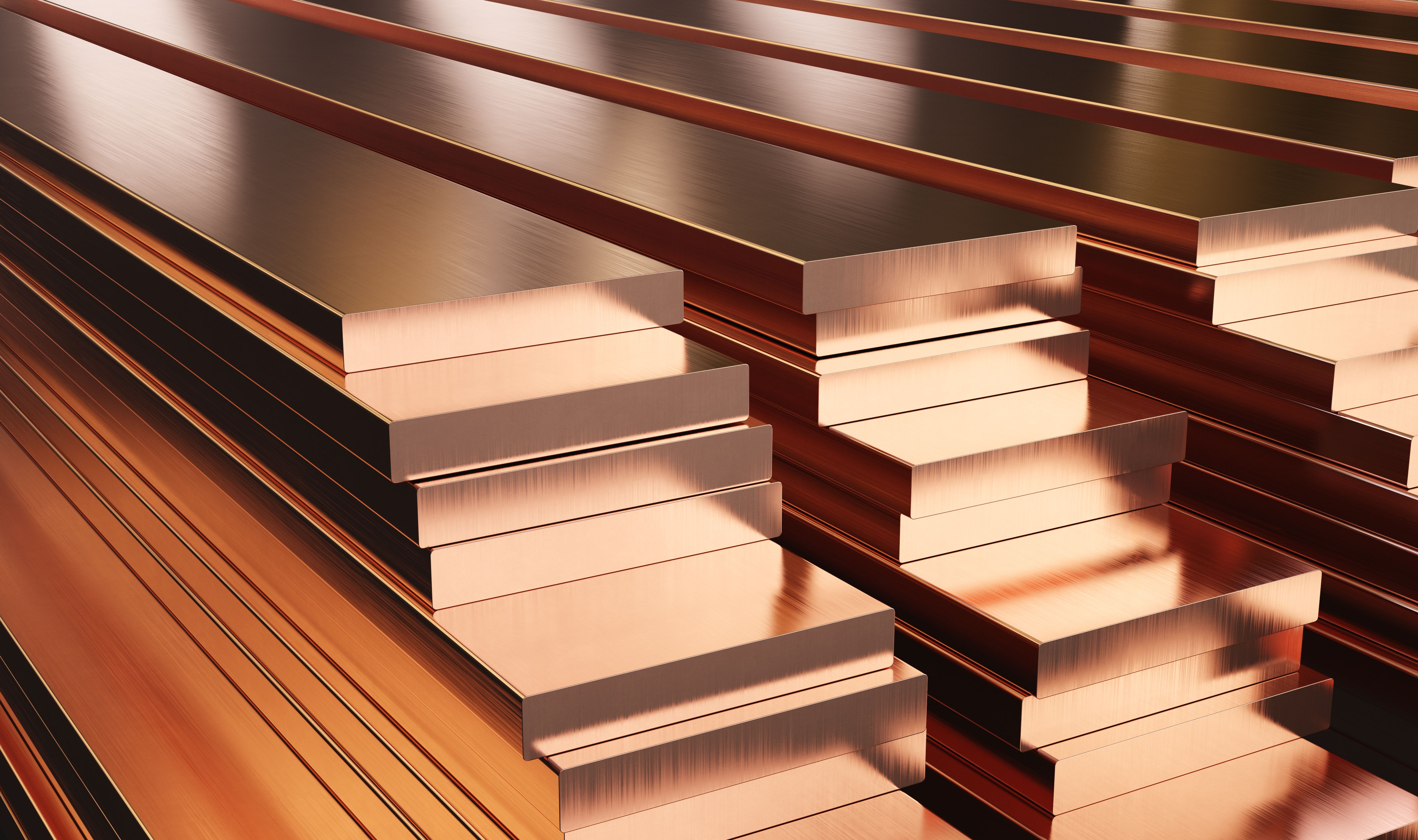 Warehouse of copper plates. Rolled metal products. 3d illustration. | Image Credit: © simone_n - stock.adobe.com