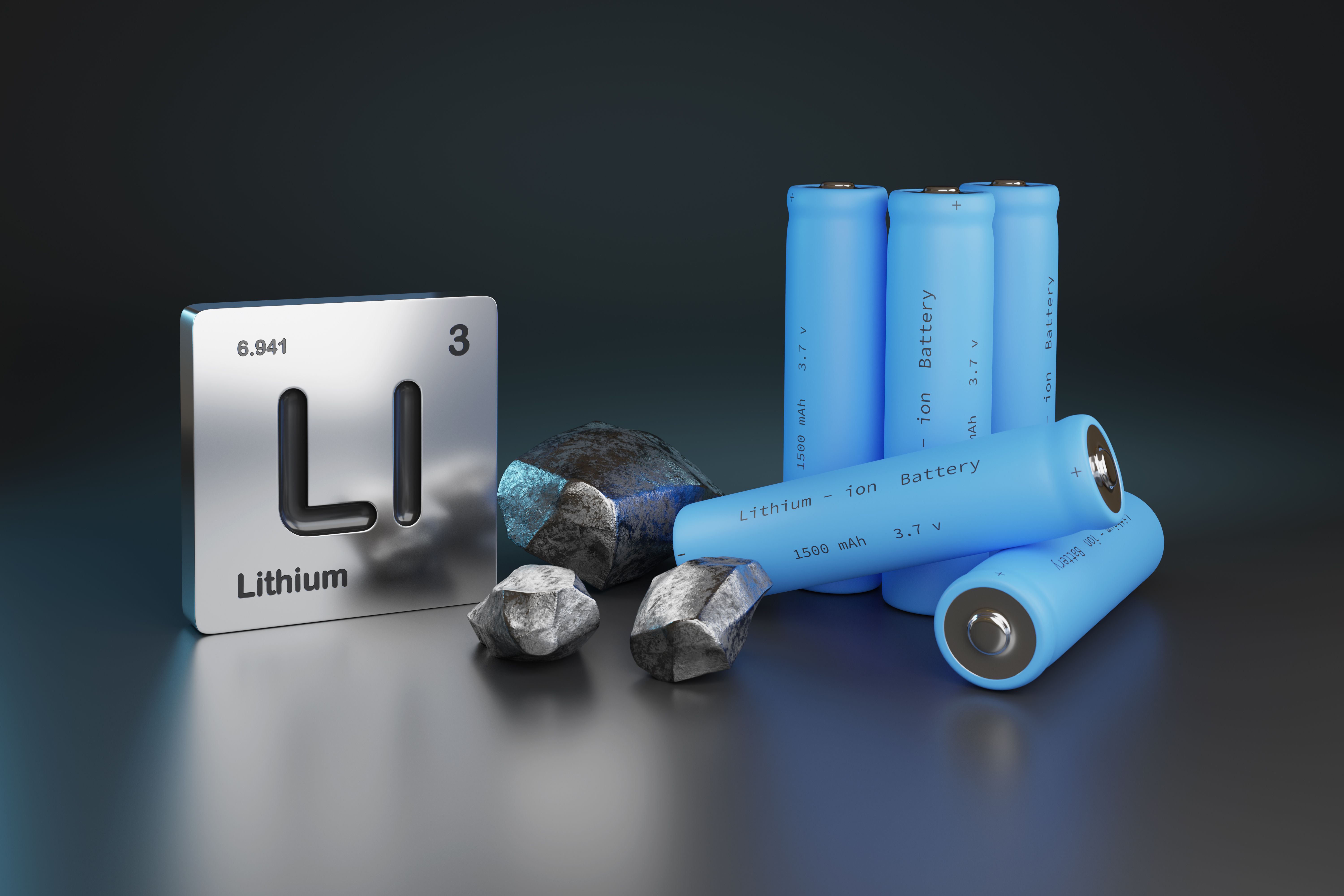 Lithium-ion batteries, metallic lithium, and element symbol. 3D illustration. | Image Credit: © jroballo - stock.adobe.com