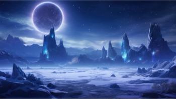 Artist’s rendition of icy exoplanet showing towering ice spires, frozen lakes, and an alien sky © Damian Sobczyk - stock.adobe.com