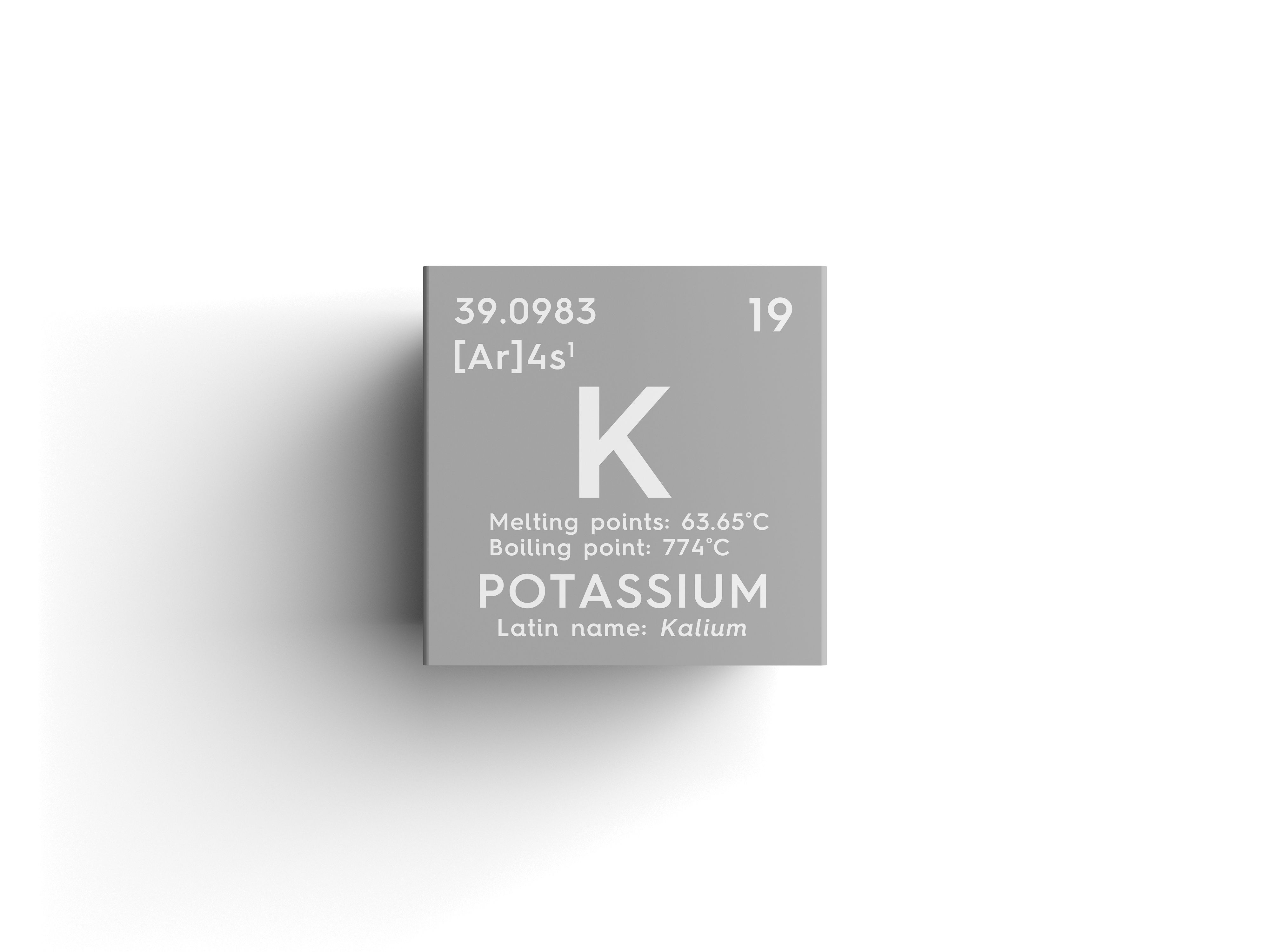 Potassium. Kalium. Alkali metals. Chemical Element of Mendeleev's Periodic Table. Potassium in square cube creative concept. | Image Credit: © Aleksander - stock.adobe.com