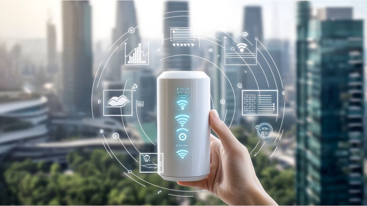 A futuristic image showcasing an IoT-enabled air sensor device monitoring environmental conditions © Ratchadaporn-chronicles-stock.adobe.com
