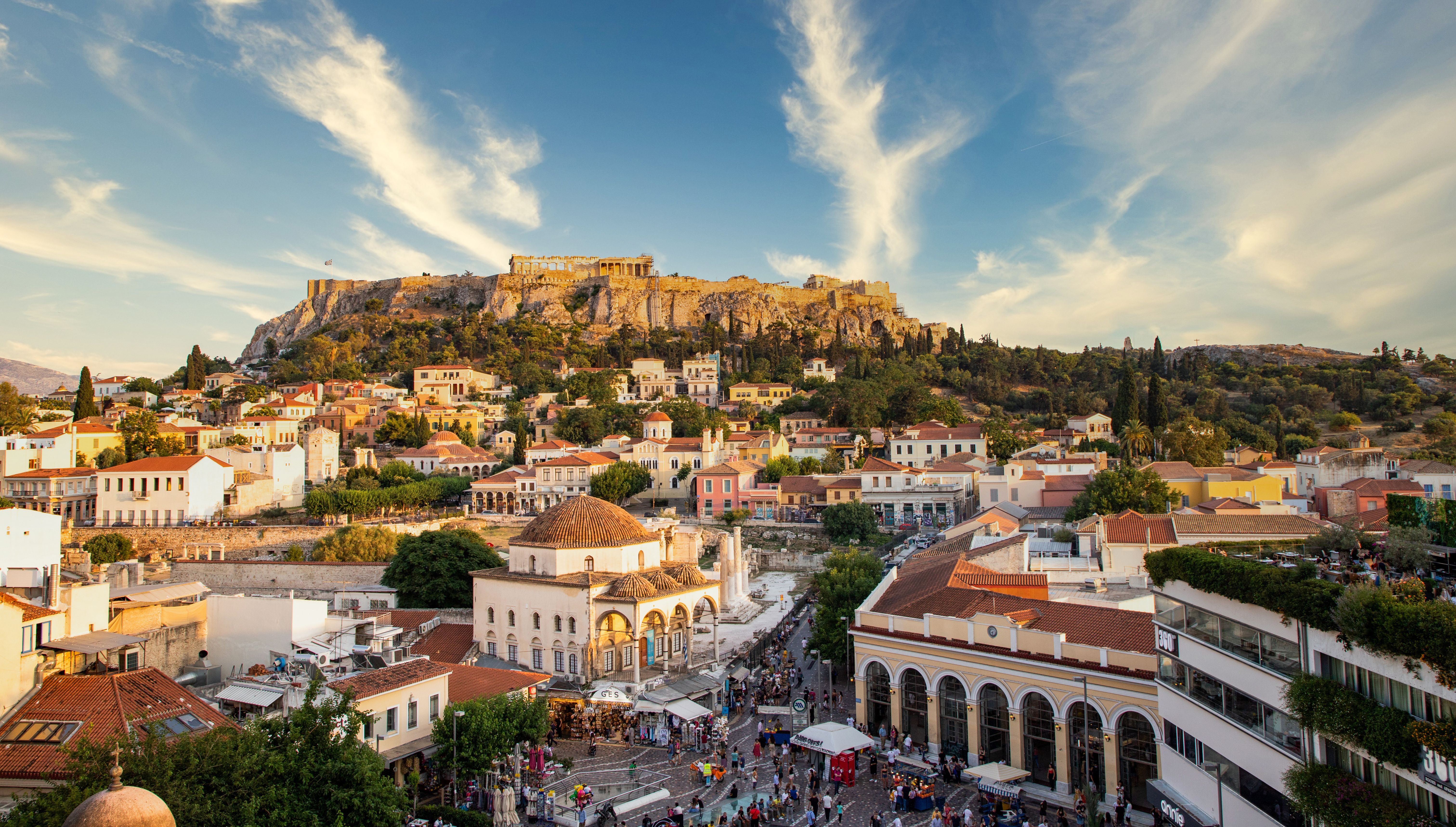 Aerial panoramic view of Monastiraki square and the Acropolis at sunset in Athens Greece | Image Credit: © Melinda Nagy - stock.adobe.com