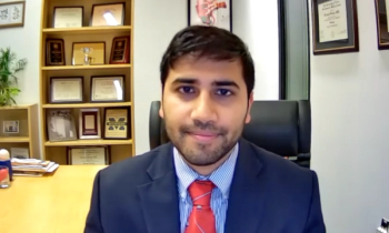 Nirmish Singla, MD, MSc, answers a question during a Zoom video interview