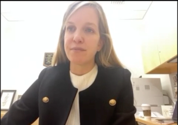 Sarah Vij, MD, answers a question during a Zoom video interview