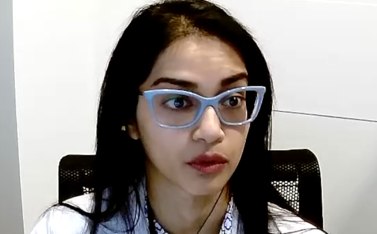 Raevti Bole, MD, answers a question during a Zoom video interview