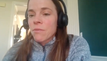 Jill M. Hamilton-Reeves, PhD, RD, CSO, answers a question during a Zoom video interview