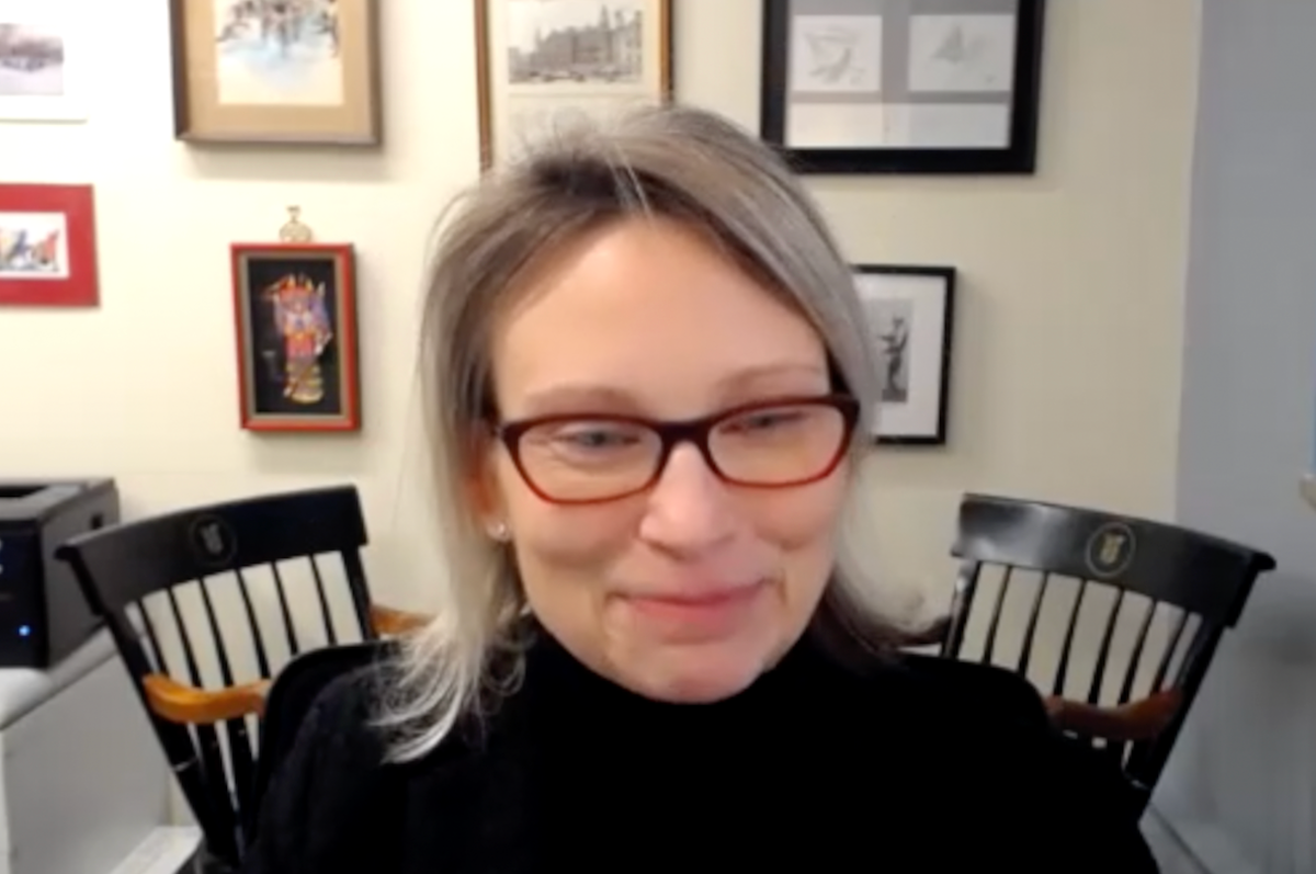 Heidi J. Rayala, MD, PhD, answers a question during a Zoom video interview