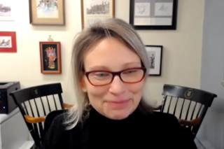 Heidi J. Rayala, MD, PhD, answers a question during a Zoom video interview