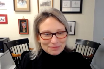 Heidi J. Rayala, MD, PhD, answers a question during a Zoom video interview