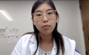 Jenny Guo, MD, answers a question during a Zoom video interview