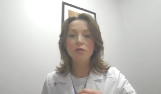 Suzanne B. Merrill, MD, FACS, answers a question during a Zoom video interview