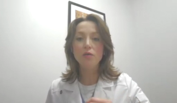 Suzanne B. Merrill, MD, FACS, answers a question during a Zoom video interview