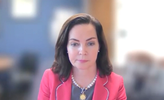 Kate H. Kraft, MD, MHPE, FACS, FAAP, answers a question during a Zoom video interview