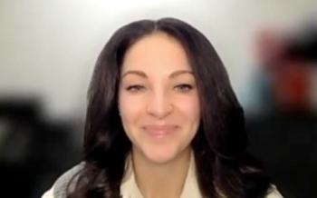 Bogdana Schmidt, MD, MPH, answers a question during a Zoom video interview