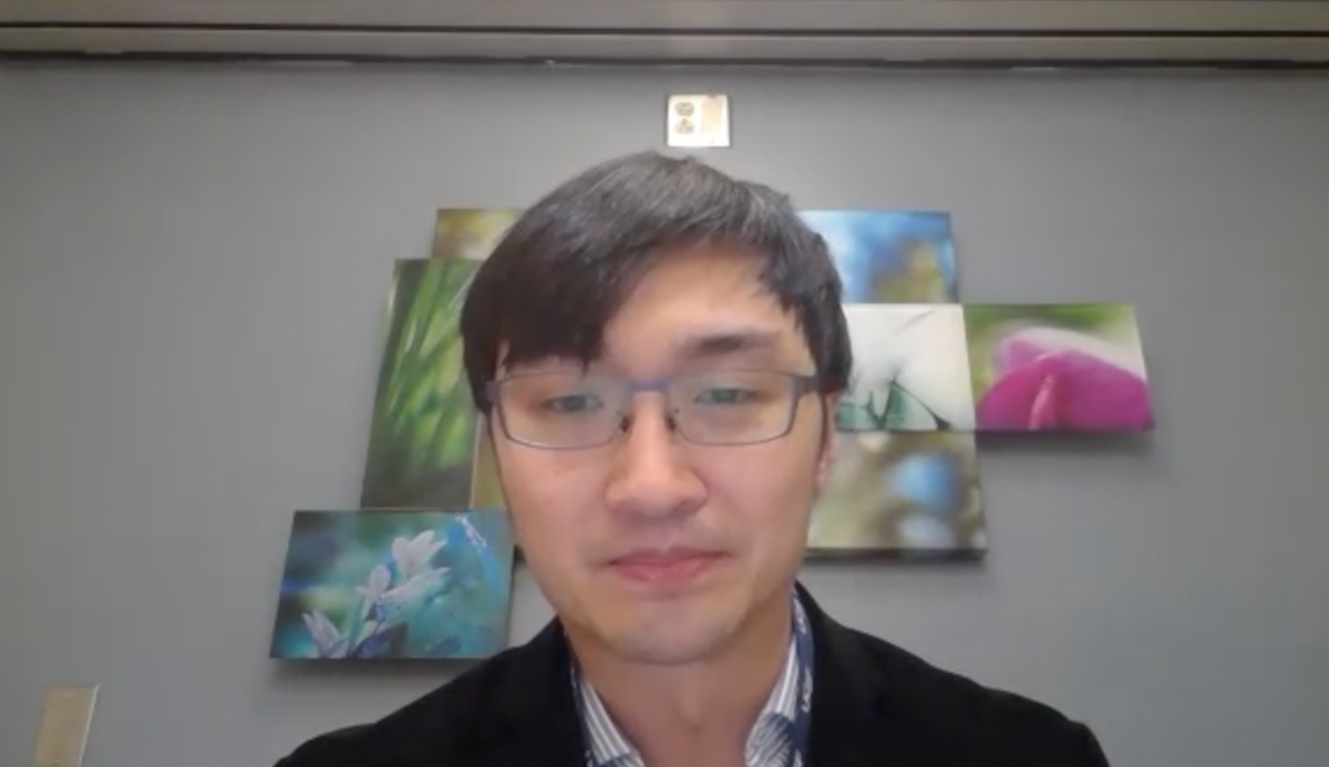 Kevin Shee, MD, PhD, answers a question during a Zoom video interview