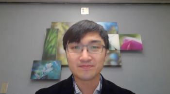 Kevin Shee, MD, PhD, answers a question during a Zoom video interview