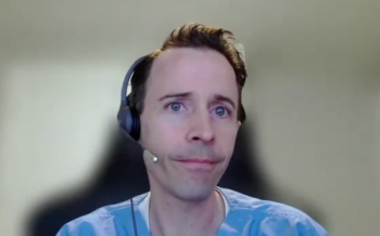 Landon Trost, MD, answers a question during a Zoom video interview