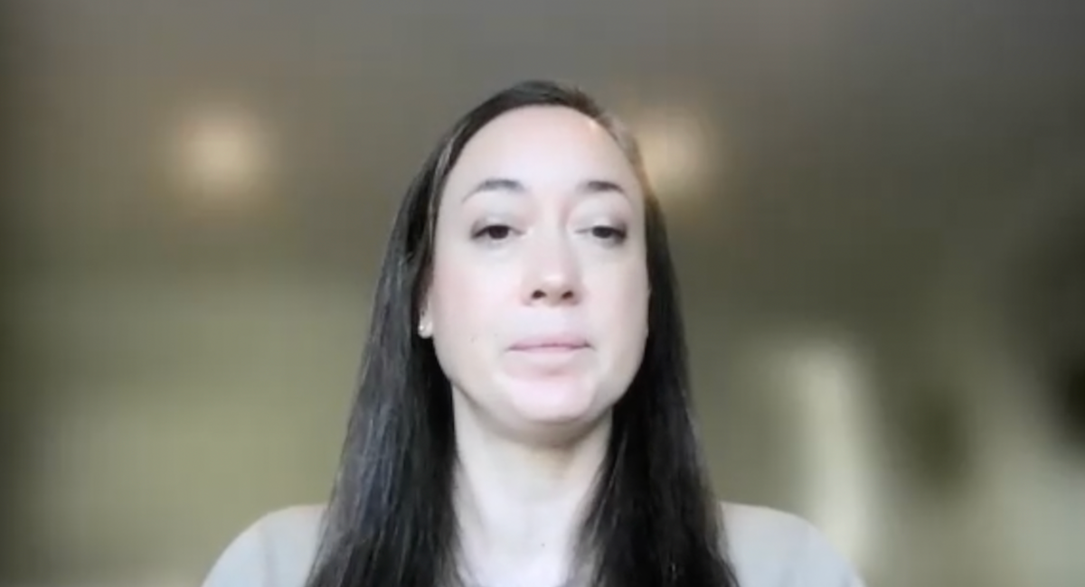 Lindsay A. Hampson, MD, MAS, answers a question during a Zoom video interview