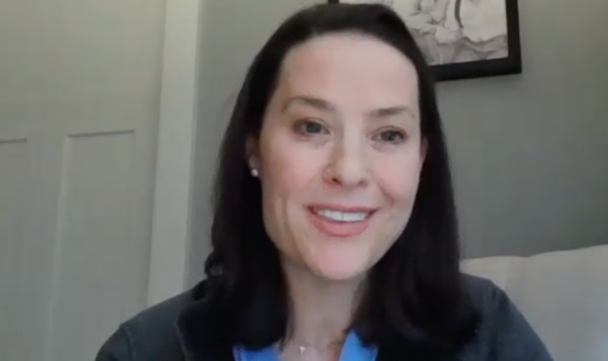 Helen L. Bernie, DO, MPH, answers a question during a Zoom video interview